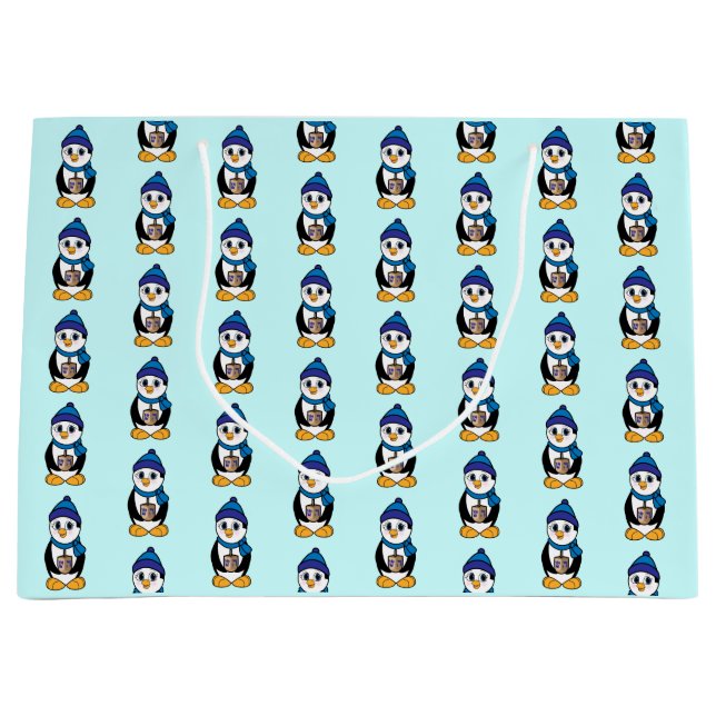 Penguin Holding a Dreidel at Hanukkah Large Gift Bag (Front)