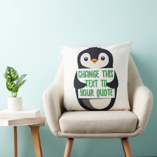 Penguin holding a sign with custom message throw pillow