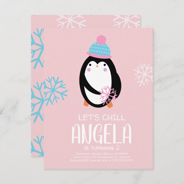 Penguin Holding Snowflakes Winter Birthday Invitation (Front/Back)