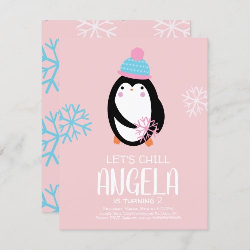 Penguin Holding Snowflakes Winter Birthday Invitation