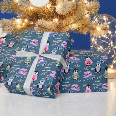Penguin Holiday Crew Pattern Blue Wrapping Paper