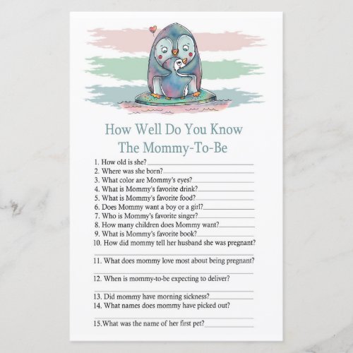 Penguin how well do you know baby shower game