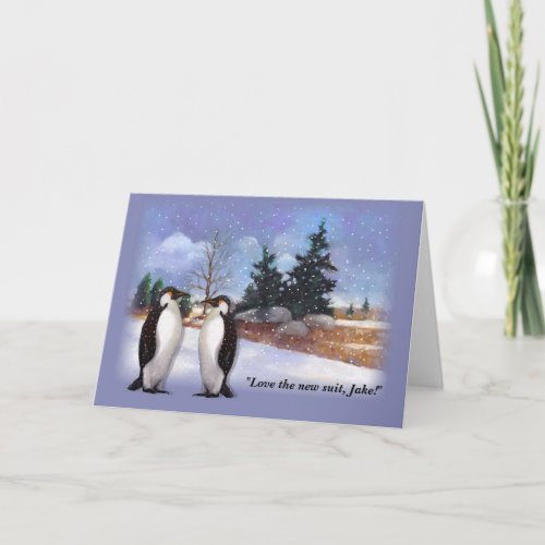Penguin Humor Oil Pastel Winter Scene Art Funny Holiday Card