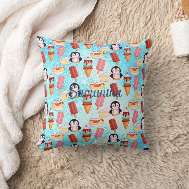Penguin Ice Cream Sweets Throw Pillow (Blanket)