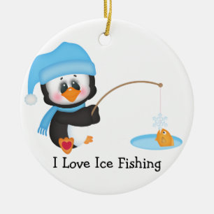 Penguin Ice Fishing Ceramic Ornament