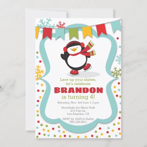 Penguin Ice Skate Winter Birthday Party Invitation