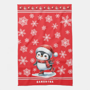 Penguin Ice Skater Festive Red Custom Christmas Kitchen Towel