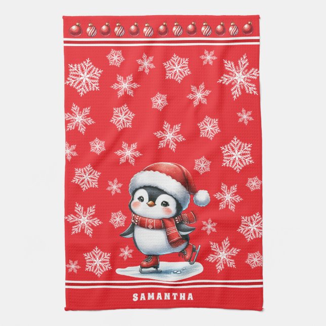Penguin Ice Skater Festive Red Custom Christmas Kitchen Towel (Vertical)