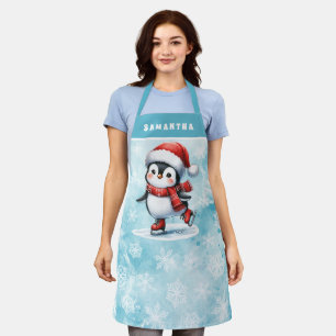 Penguin Ice Skater Snowy Blue Custom Christmas Apron