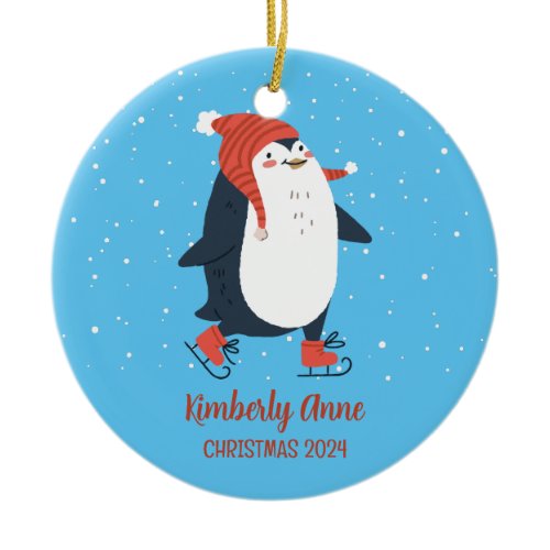 Penguin Ice Skating Christmas Snowy Winter Holiday Ceramic Ornament