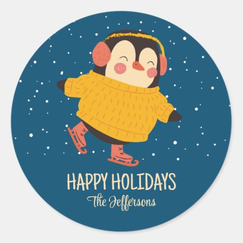 Penguin Ice Skating Christmas Snowy Winter Holiday Classic Round Sticker