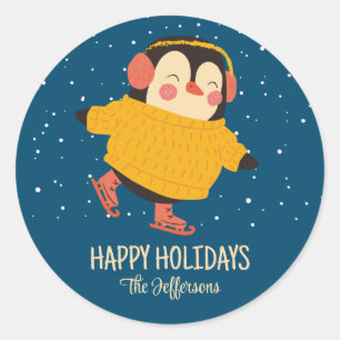 Penguin Ice Skating Christmas Snowy Winter Holiday Classic Round Sticker