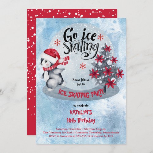 Penguin Ice Skating Holiday 10th Birthday Party Invitation