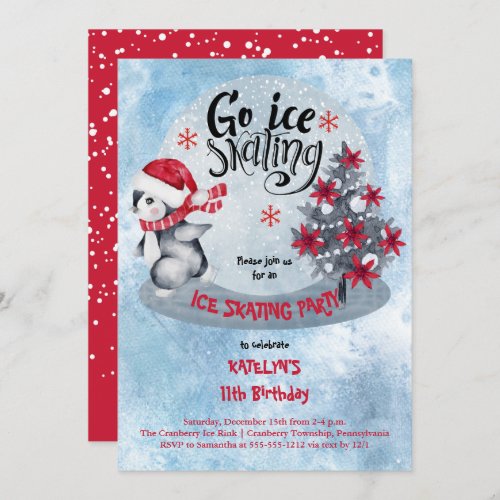 Penguin Ice Skating Holiday 11th Birthday Party In Invitation