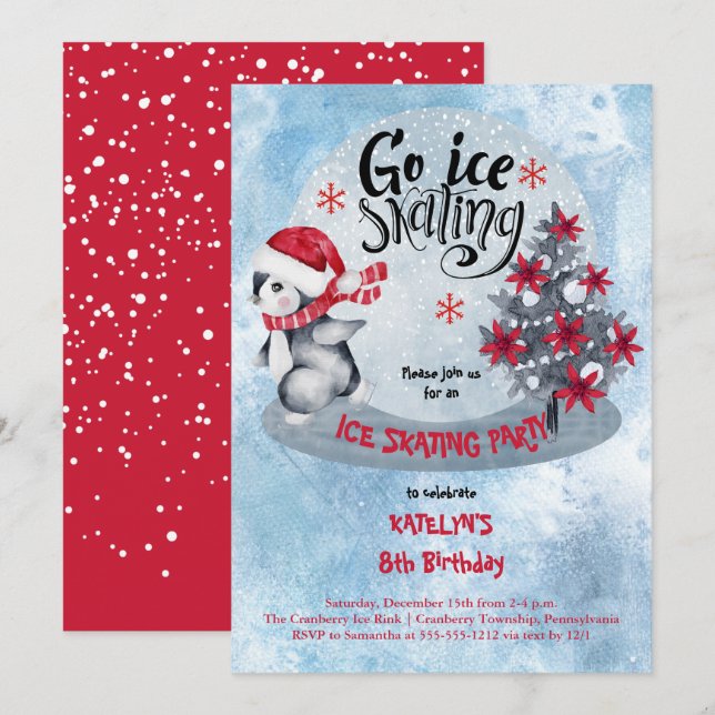 Penguin Ice Skating Holiday 8th Birthday Party Invitation (Front/Back)