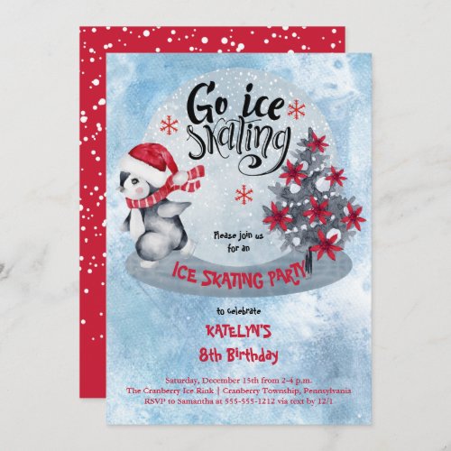 Penguin Ice Skating Holiday 8th Birthday Party Invitation