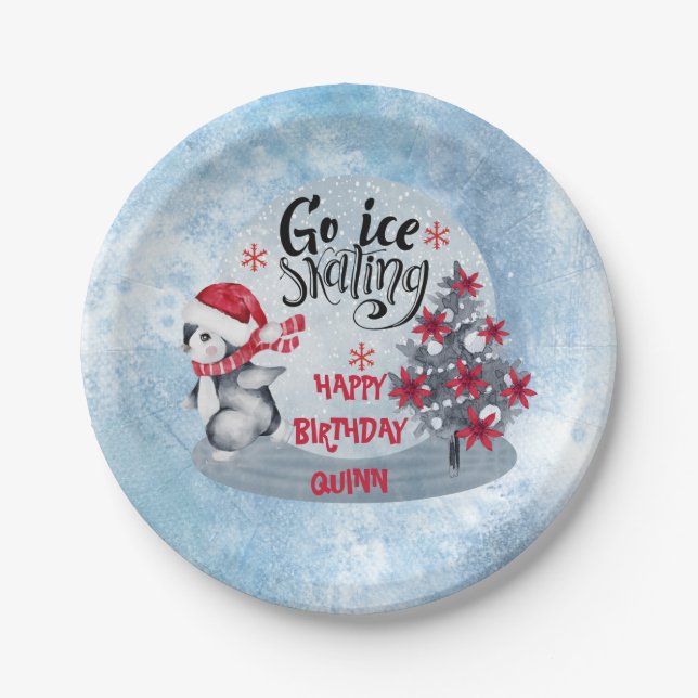 Penguin Ice Skating Holiday Birthday Party Paper Plates (Front)