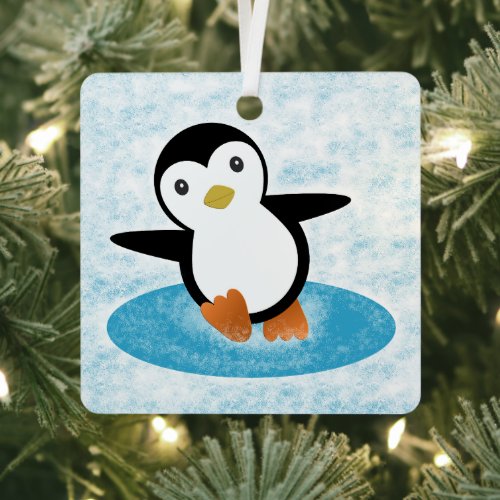 Penguin ice skating in the snow metal ornament