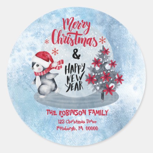Penguin Ice Skating Merry Christmas Happy New Year Classic Round Sticker