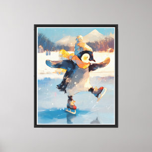 Penguin Ice Skating Winter Nursery Wall Art Canvas