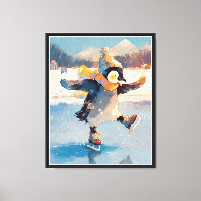 Penguin Ice Skating Winter Nursery Wall Art Canvas (Front)
