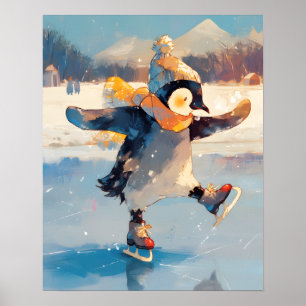 Penguin Ice Skating Winter Nursery Wall Art Poster