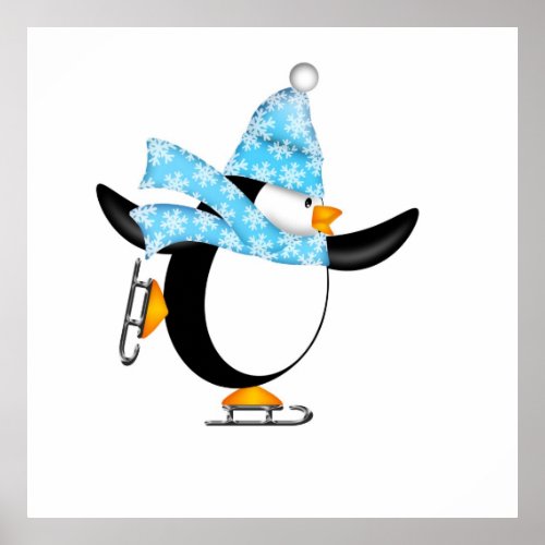 Penguin Ice Skating with Hat and Scarf Poster