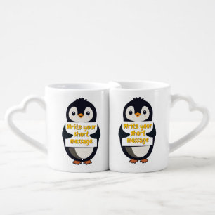 Penguin illustration holding customizable sign coffee mug set