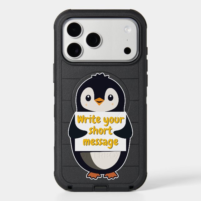 Penguin illustration holding customizable sign otterbox iPhone case (Back)