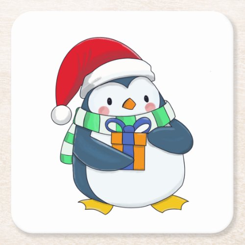 Penguin in a Christmas hat with a gift Square Paper Coaster