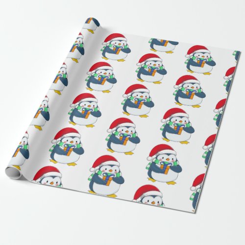 Penguin in a Christmas hat with a gift Wrapping Paper