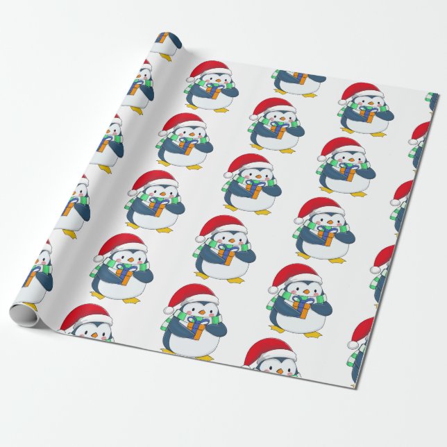 Penguin in a Christmas hat with a gift Wrapping Paper (Unrolled)