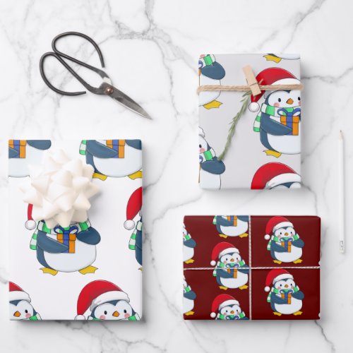 Penguin in a Christmas hat with a gift Wrapping Paper Sheets