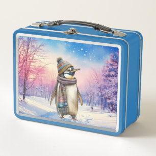 Penguin in a snowy landscape Merry Christmas Metal Lunch Box