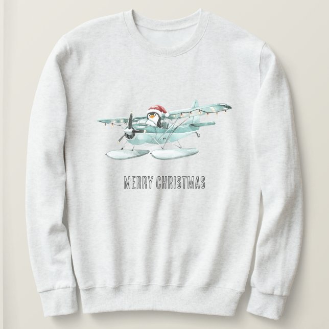 Penguin in Airplane Christmas Sweatshirt (Design Front)