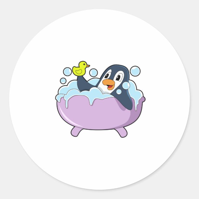 Penguin in Bathtub with Duck Classic Round Sticker (Front)