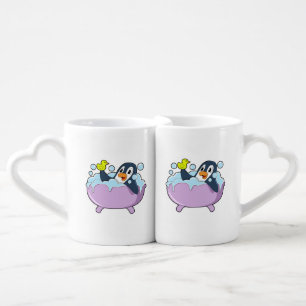 Penguin in Bathtub with Duck Coffee Mug Set