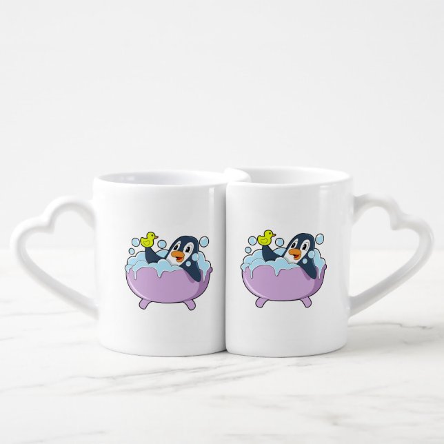 Penguin in Bathtub with Duck Coffee Mug Set (Front Nesting)