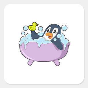 Penguin in Bathtub with Duck Square Sticker