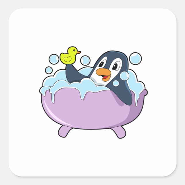 Penguin in Bathtub with Duck Square Sticker (Front)