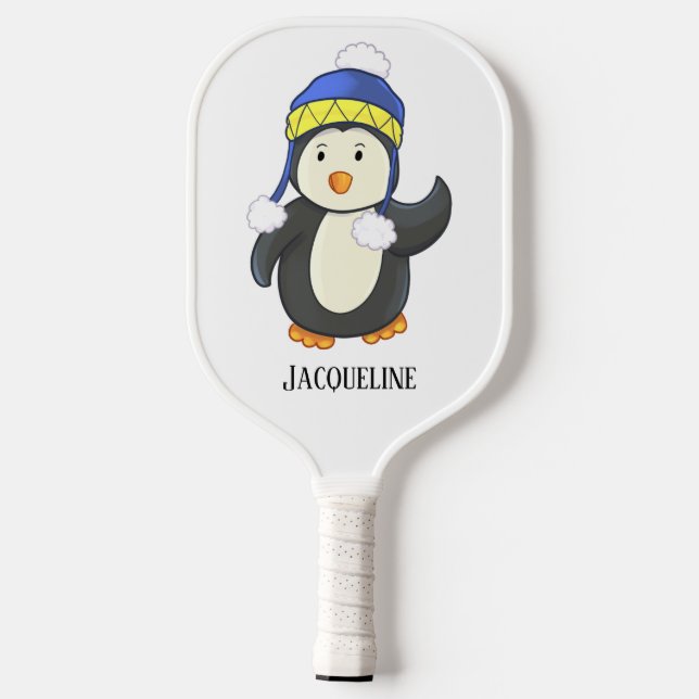 Penguin in Blue and Yellow Winter Hat Name  Pickleball Paddle (Back)