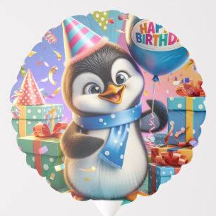 Penguin in Blue Scarf with Gifts, Happy Birthday b Balloon