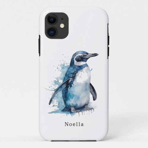 penguin in blue watercolor iPhone 11 case
