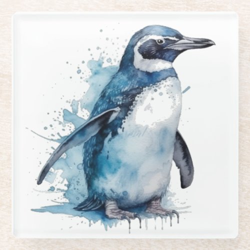 penguin in blue watercolor glass coaster