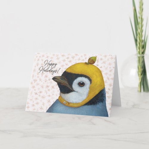 penguin in cap with acorn holiday card
