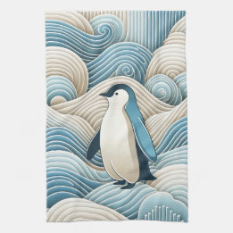Penguin In Cream Blue Abstract Waves Kitchen Towel