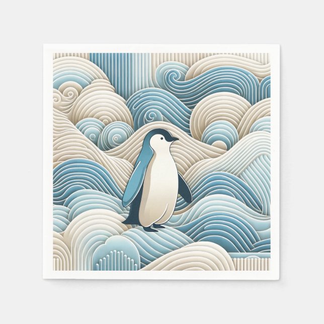 Penguin In Cream Blue Abstract Waves Napkins (Front)