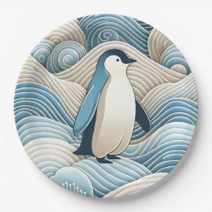 Penguin In Cream Blue Abstract Waves Paper Plates