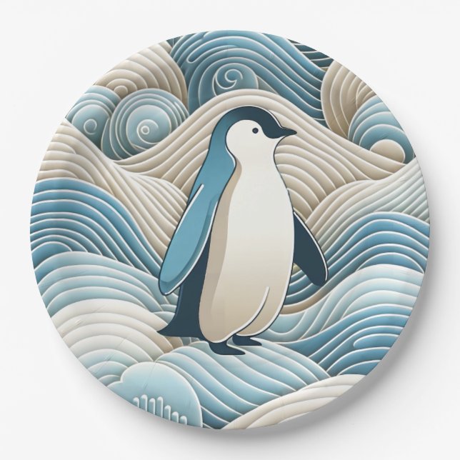 Penguin In Cream Blue Abstract Waves Paper Plates (Front)