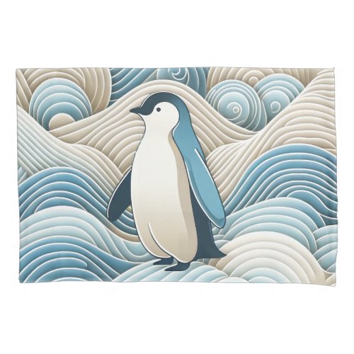 Penguin In Cream Blue Abstract Waves Pillow Case